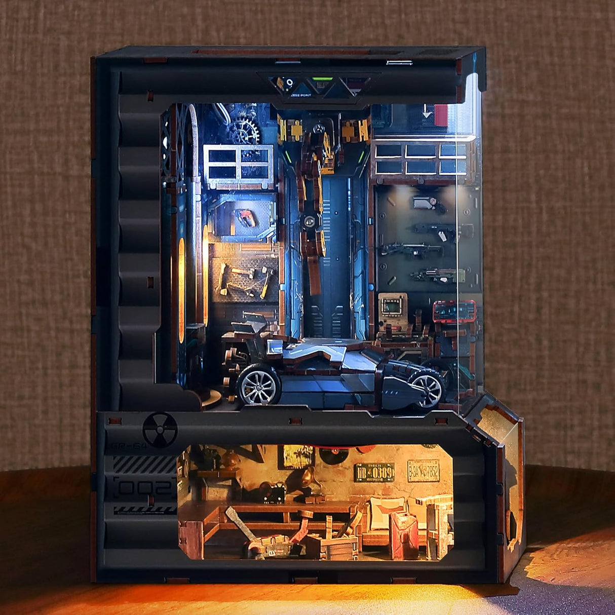 Atelier automobile – Book Nook 3D en bois – Éclairage LED - Univers RcLoisirs