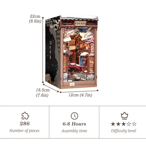 BJAA401 Kyoto Snow Whisper, Book Nook DIY de 286 pieces inspire de Ginzan Onsen au Japon. Scene japonaise enneigee, eclairage DEL tactile et couvercle anti-poussiere inclus.

