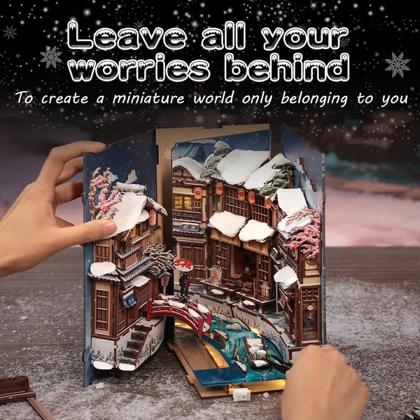 BJAA401 Kyoto Snow Whisper, Book Nook DIY de 286 pieces inspire de Ginzan Onsen au Japon. Scene japonaise enneigee, eclairage DEL tactile et couvercle anti-poussiere inclus.