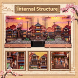 BJAA402 Twilight Sakura Path, Book Nook DIY de 407 pieces inspire des rues de Kyoto avec cerisiers en fleurs, eclairage DEL et decor japonais detaille.