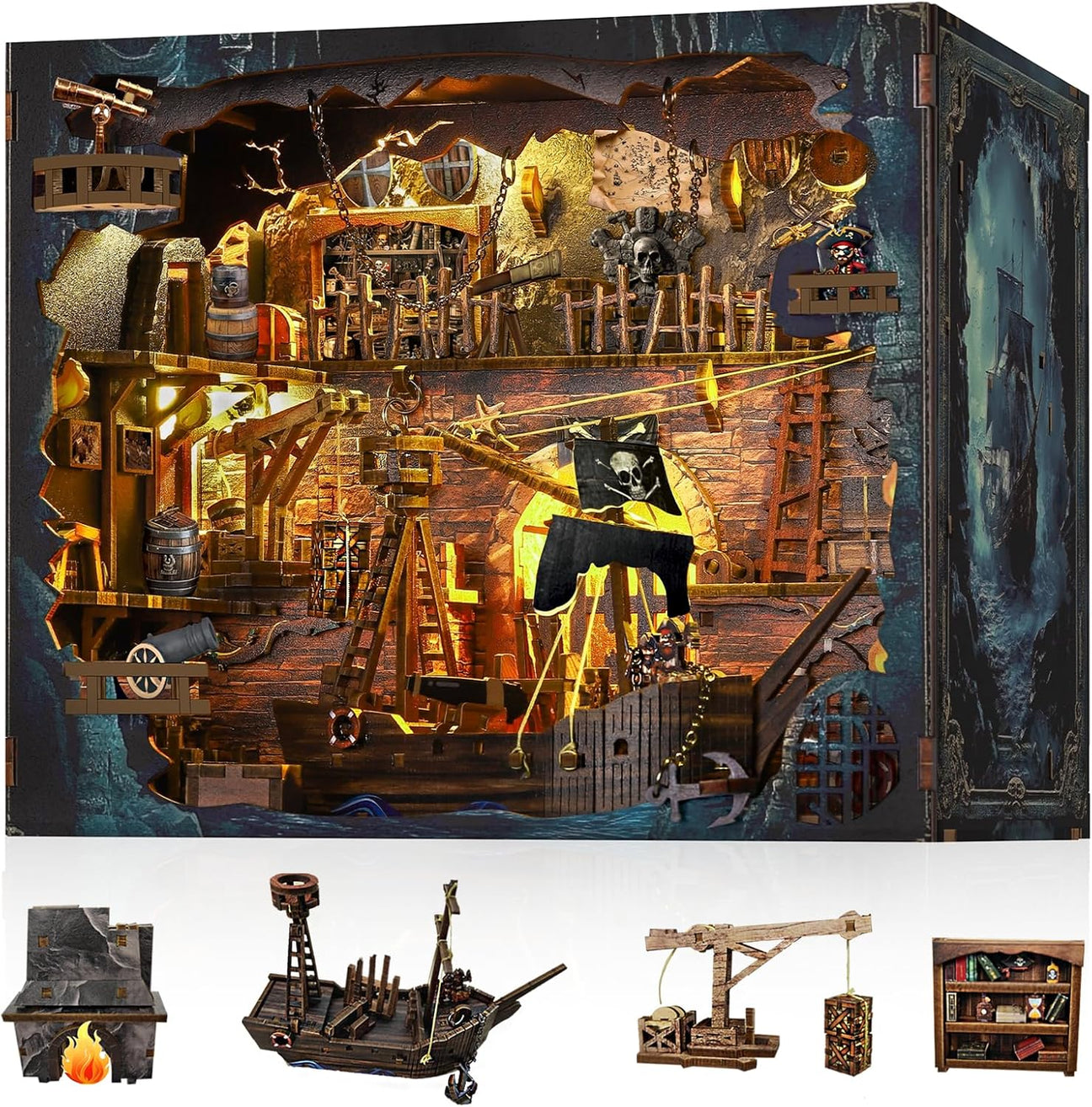 Book Nook 3D – Baie des pirates MAX – En bois avec éclairage LED – Univers RcLoisirs