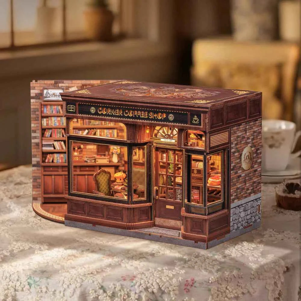 Corner Coffee Shop – Book Nook 3D en bois avec LED – Haute gamme