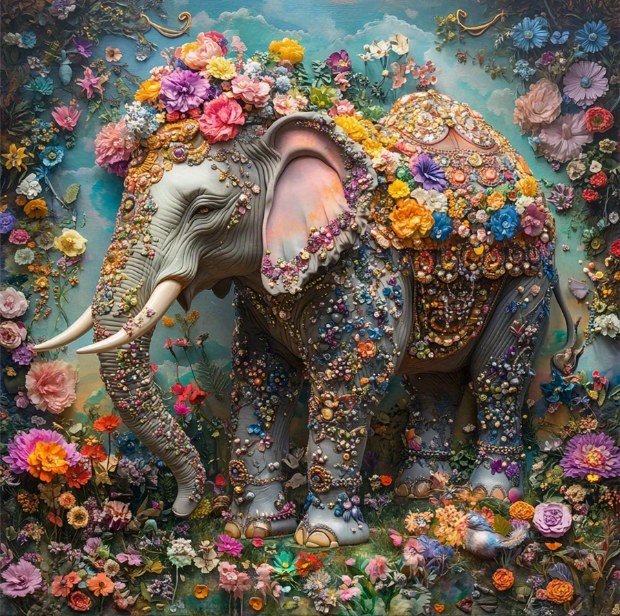 Éléphant en fleurs – 50×50cm – Diamants Carrés