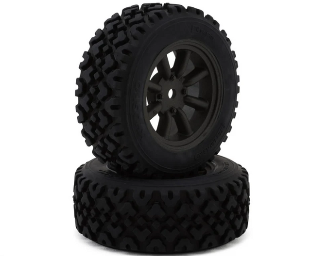 FATH709BKM pneus Vintage Rally Kyosho Medium precolles sur jantes Watanabe 8 branches noir metallique, hexagone 12 mm, pour Fazer Mk2 FZ02-R.