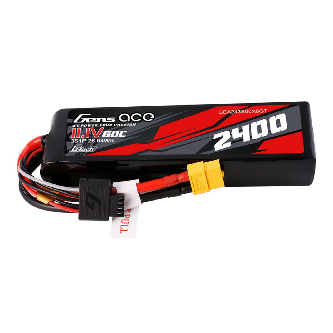 GEA243S60X6GT batterie Gens Ace G-Tech LiPo 3S 11.1 V 2400 mAh 60C avec connecteur XT60. Format compact de 106.3 x 34.61 x 21.03 mm pour crawlers RC.