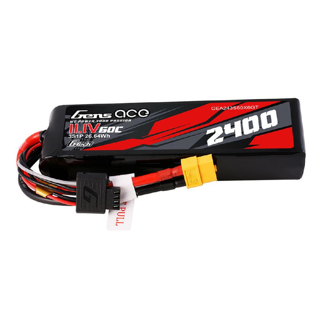 GEA243S60X6GT batterie Gens Ace G-Tech LiPo 3S 11.1 V 2400 mAh 60C avec connecteur XT60. Format compact de 106.3 x 34.61 x 21.03 mm pour crawlers RC.