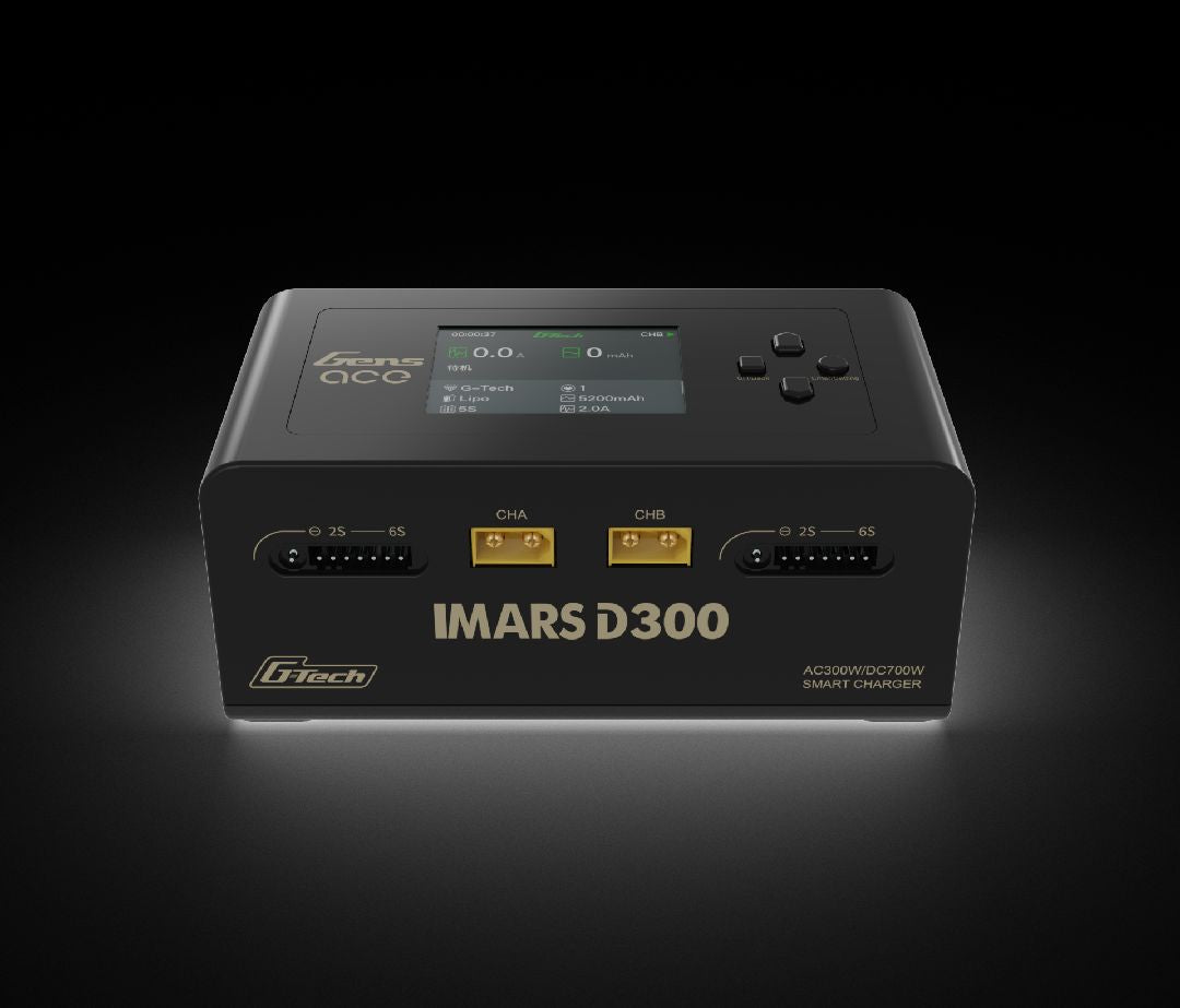 GEA300WD300-UB chargeur intelligent Gens Ace IMARS D300 noir à double canal offrant jusqu'à 300 W en AC et 700 W en DC. Compatible avec les batteries LiPo, LiHV, Li-ion, LiFe, NiMH, NiCd et G-Tech avec équilibrage intégré.