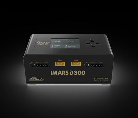 GEA300WD300-UB chargeur intelligent Gens Ace IMARS D300 noir à double canal offrant jusqu'à 300 W en AC et 700 W en DC. Compatible avec les batteries LiPo, LiHV, Li-ion, LiFe, NiMH, NiCd et G-Tech avec équilibrage intégré.
