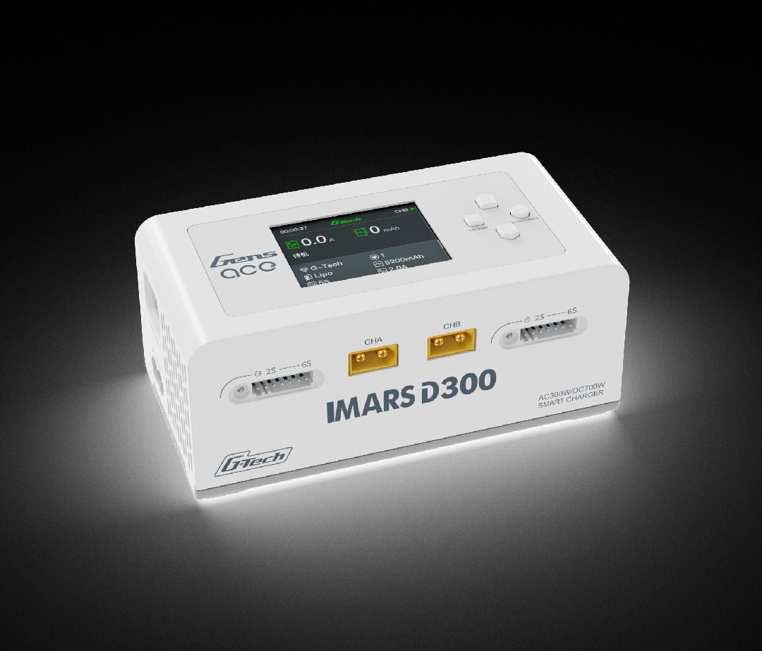 GEA300WD300-UW chargeur intelligent Gens Ace IMARS D300 à double canal offrant jusqu'à 300 W en AC et 700 W en DC. Compatible avec les batteries LiPo, LiHV, Li-ion, LiFe, NiMH, NiCd et G-Tech avec équilibrage intégré.
