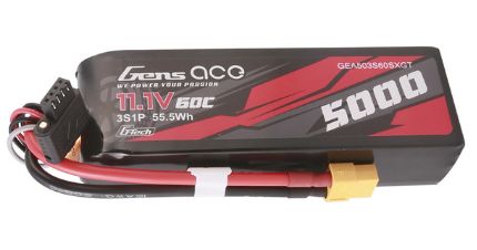 GEA503S60SXGT batterie LiPo Gens Ace G-Tech Smart Shorty de 11,1 V, 5000 mAh et 60C avec connecteur XT60. Puce intelligente intégrée, format compact et performances élevées pour les véhicules RC.