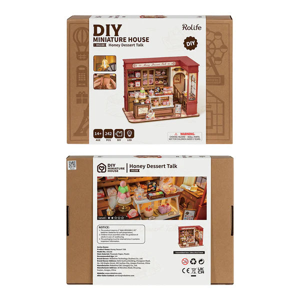 Rolife DG168 « Honey Dessert Talk » – miniature pâtisserie à assembler. Taille montée env. 23×13,5×17,3 cm. Kit détaillé (≈242 pièces), idéal déco & cadeau créatif.