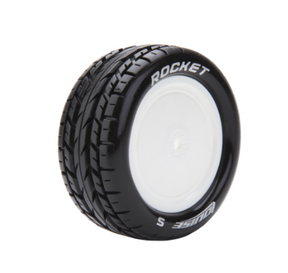 LOULT-3188SWKR pneus Louise RC E-Rocket Soft arriere pour buggy 1/10 4WD, precolles sur jantes blanches avec hexagone 12 mm et inserts inclus.