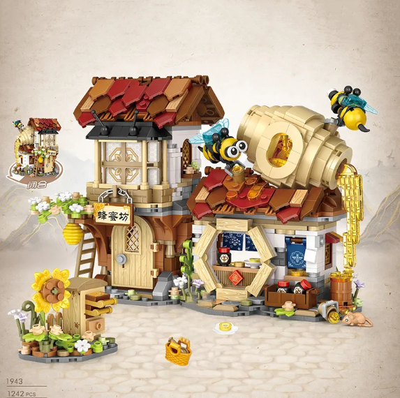 LOZ-1943 Honey Shop, ensemble de construction LOZ de 1242 pieces en mini blocs representant une charmante boutique de miel detaillee a assembler et exposer.