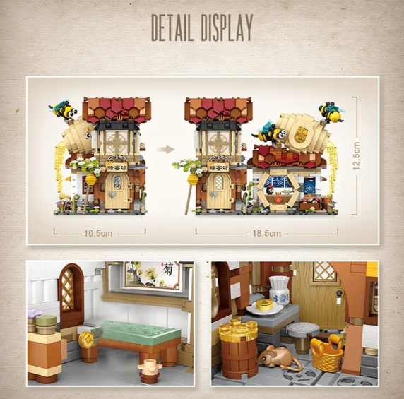 LOZ-1943 Honey Shop, ensemble de construction LOZ de 1242 pieces en mini blocs representant une charmante boutique de miel detaillee a assembler et exposer.