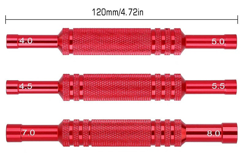 Ensemble 3 clés douille hexagonales double tête aluminium Injora, 4-8mm, pour TRX-4M, SCX24 et roues beadlock RC. Léger, précis. Univers RcLoisirs.