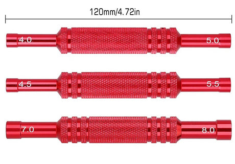 Ensemble 3 clés douille hexagonales double tête aluminium Injora, 4-8mm, pour TRX-4M, SCX24 et roues beadlock RC. Léger, précis. Univers RcLoisirs.