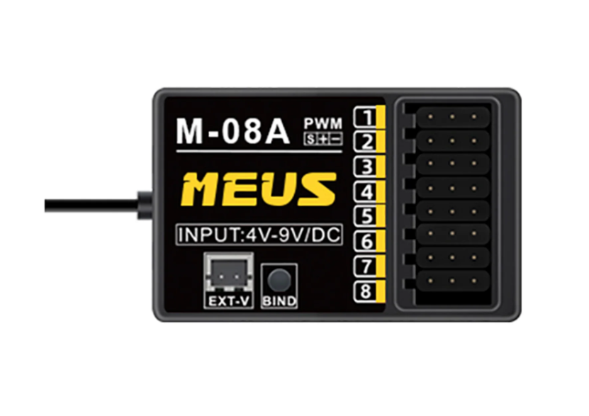 MEUS-M-08A récepteur MEUS Racing M-08A 8 canaux 2.4 GHz. Alimentation 4 à 9 V, retour de tension jusqu'à 27 V et format compact de 38 x 23 x 13 mm.