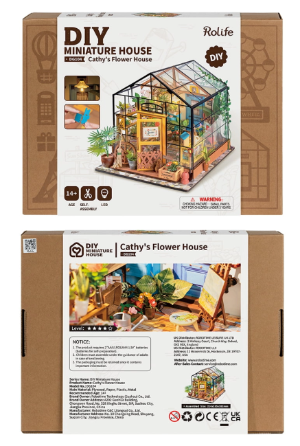 Assemblez la Rolife DG104 – Maison Fleurie de Cathy. Kit miniature détaillé avec LED, serre florale réaliste et ambiance romantique. Univers RcLoisirs.