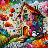 Maison au Chat 40×40cm – Diamants Ronds