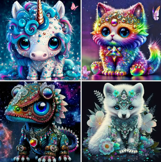 Licorne et ses amis – (ensemble de 4) 15x20cm – Diamants Ronds