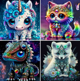 Licorne et ses amis – (ensemble de 4) 15x20cm – Diamants Ronds
