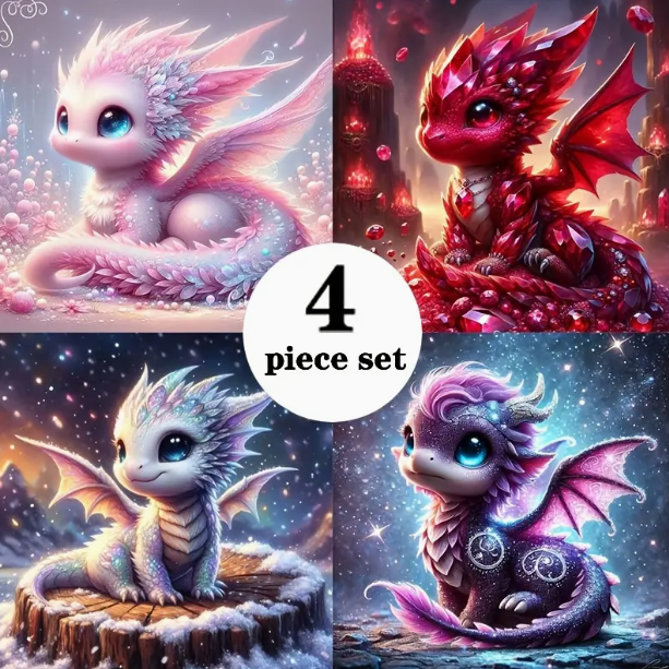Dragons enchantés – (ensemble de 4) 20x20cm – Diamants Ronds