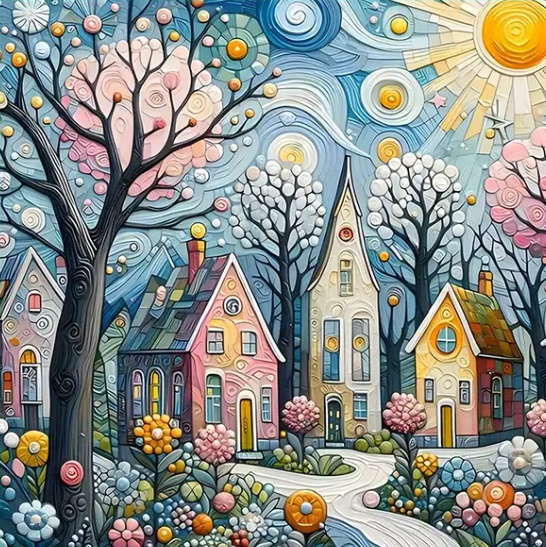 Maisons colorées - 40×40cm – Diamants Ronds