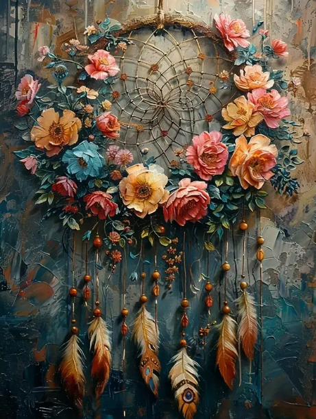 Capteur de rêve floral - 40×50cm – Diamants Ronds