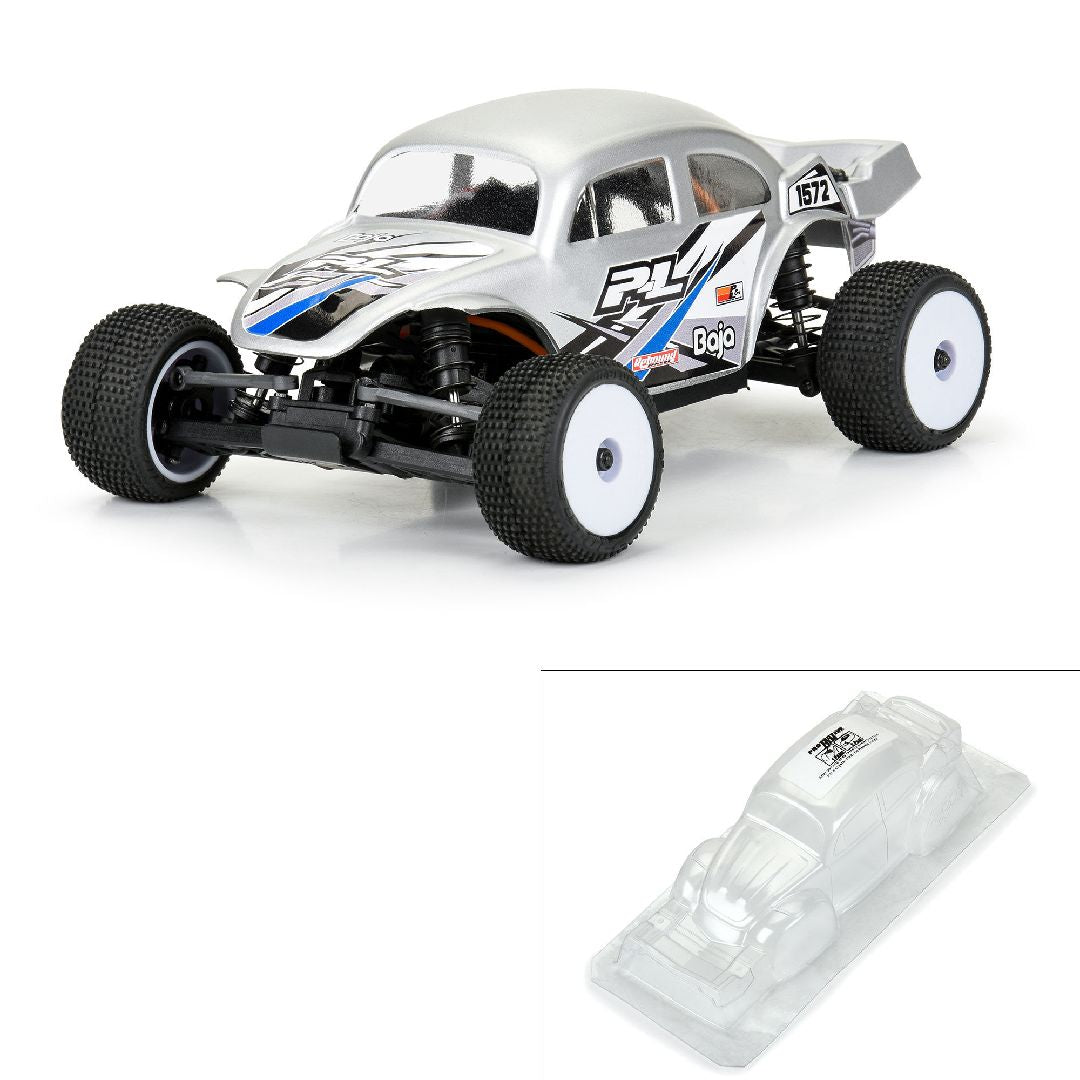 PRO370300 carrosserie transparente Pro-Line Racing Volkswagen Baja Bug pour Losi Micro-T 1/28. Fabriquée en polycarbonate léger avec cage arrière simulée, aileron optionnel, masques de vitres et décalques inclus.