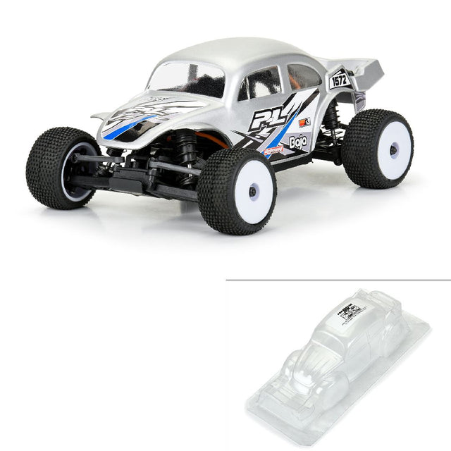 PRO370300 carrosserie transparente Pro-Line Racing Volkswagen Baja Bug pour Losi Micro-T 1/28. Fabriquée en polycarbonate léger avec cage arrière simulée, aileron optionnel, masques de vitres et décalques inclus.
