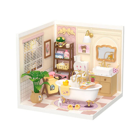Rolife Pop Bubble (DW014B) – miniature “bathroom” à assembler. Env. 16,3×16,3×15,2 cm montée, 103 pièces, ~45 min d’assemblage. Idéal déco créative/collection.