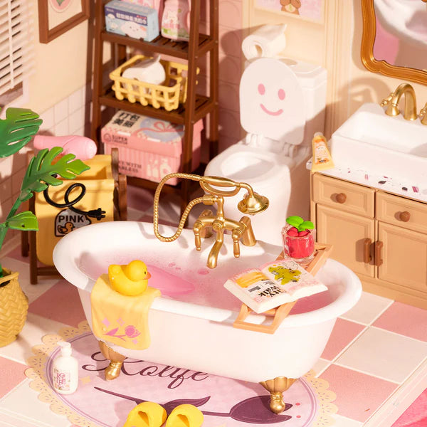 Rolife Pop Bubble (DW014B) – miniature “bathroom” à assembler. Env. 16,3×16,3×15,2 cm montée, 103 pièces, ~45 min d’assemblage. Idéal déco créative/collection.