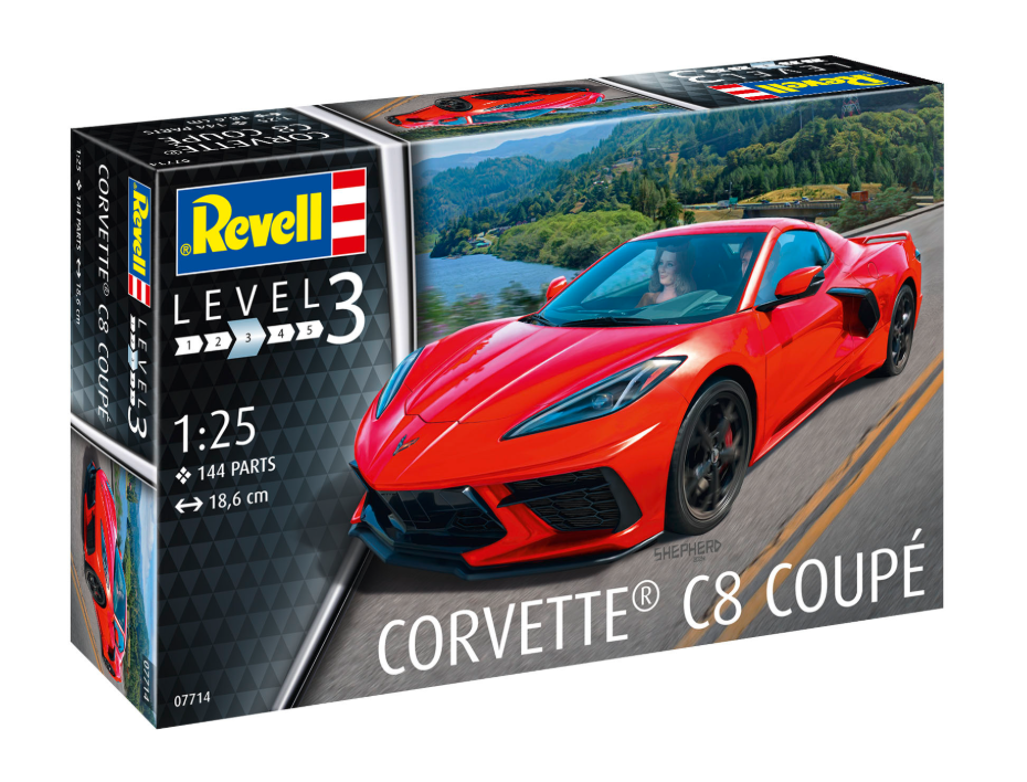Revell 07714 – Corvette C8 Coupé – maquette 1/25 Niveau 3, 144 pièces, moteur central détaillé