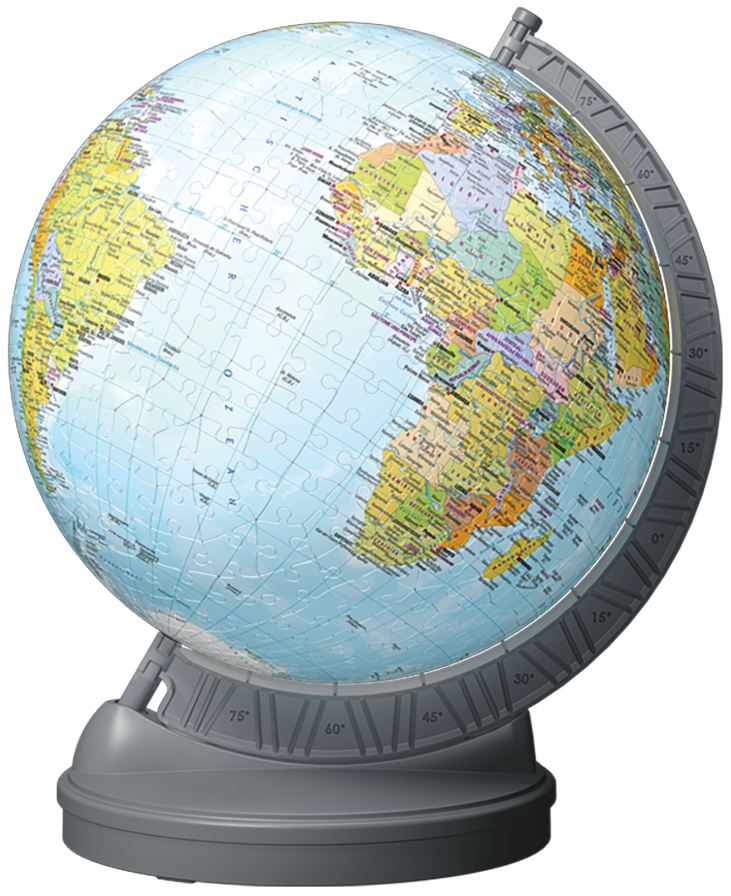 Puzzle 3D Ravensburger 540 pcs, globe lumineux LED, base rotative, sans colle, dès 10 ans. Kit complet inclus. Univers RcLoisirs.
