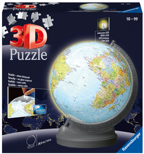 Puzzle 3D Ravensburger 540 pcs, globe lumineux LED, base rotative, sans colle, dès 10 ans. Kit complet inclus. Univers RcLoisirs.