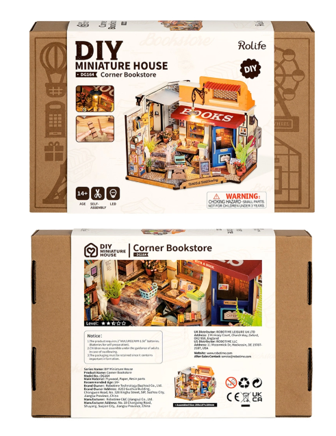 Assemblez la Rolife DG164 – Librairie du coin. Kit miniature avec 108 pièces, ambiance rétro, éclairage LED et détails réalistes. Univers RcLoisirs.