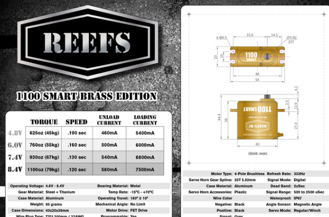SEHREEFS179 servo REEFS RC 1100 Smart Brass Edition brushless programmable, couple jusqu'a 79,2 kg-cm, boitier en laiton, engrenages acier, sortie 25T et compatibilite REEFS LINK.