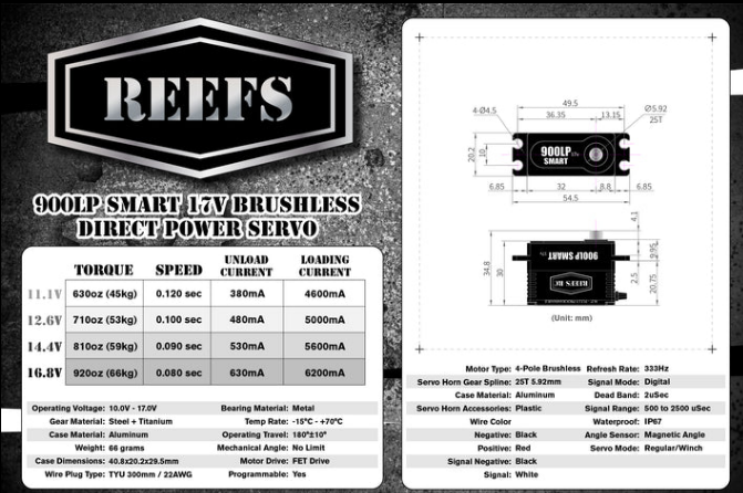 SEHREEFS186 servo REEFS RC 900LP SMART brushless Low Profile Direct Power 17V, couple jusqu'a 66 kg-cm, engrenages acier, boitier aluminium CNC, protection IP67 et programmation REEFS LINK.