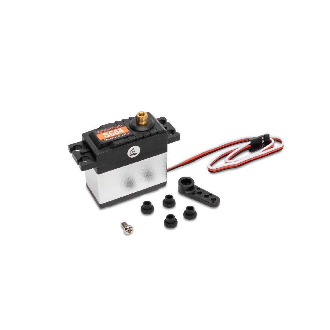 SPMS664 servo numérique étanche Spektrum S664 de format standard avec engrenages métalliques et arbre 25T. Fonctionne sous 6,0 à 7,4 V et développe jusqu’à 260 oz-po de couple.