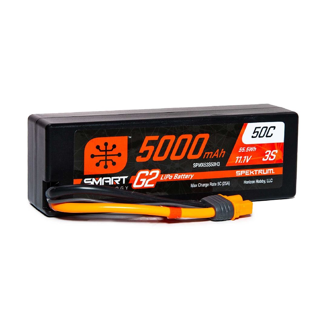 SPMX53S50H3 batterie LiPo Spektrum Smart G2 Hardcase 11,1 V 5000 mAh 3S 50C avec connecteur IC3. Technologie Smart intégrée, équilibrage sans câble séparé et boîtier rigide pour véhicules RC haute performance.