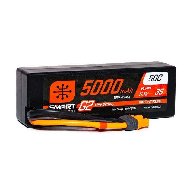 SPMX53S50H3 batterie LiPo Spektrum Smart G2 Hardcase 11,1 V 5000 mAh 3S 50C avec connecteur IC3. Technologie Smart intégrée, équilibrage sans câble séparé et boîtier rigide pour véhicules RC haute performance.