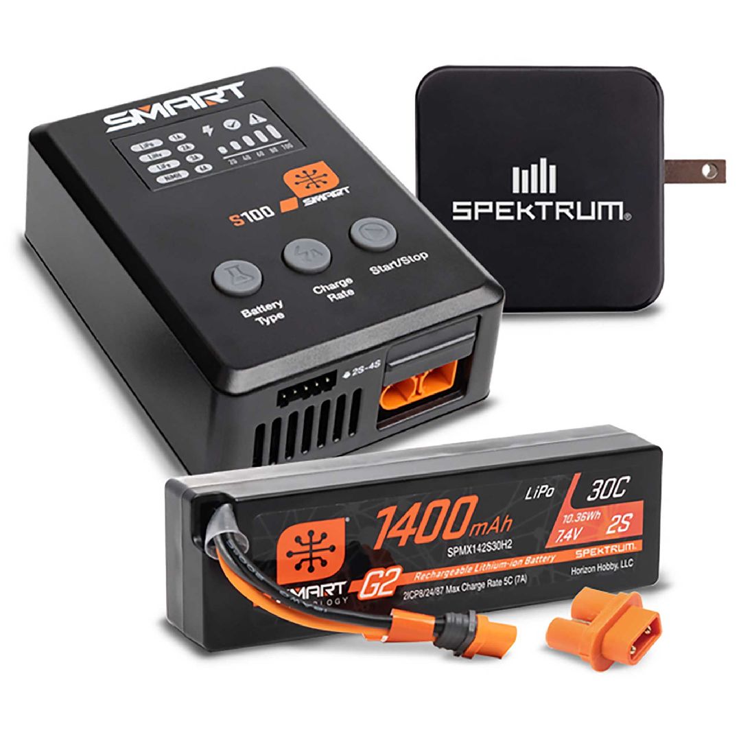 SPMXPSS215 ensemble Spektrum Smart Powerstage avec batterie LiPo G2 2S 1400 mAh 30C IC2, chargeur S100 100 W, alimentation USB-C 65 W et adaptateur.