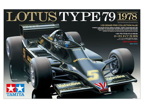 Maquette Tamiya Lotus Type 79 1978 échelle 1/20 – F1 Grand Prix, monoplace John Player Special à assembler en plastique injecté. Modèle détaillé avec livrée noire, effet de sol, cockpit fidèle, moteur reproduit, suspension réaliste, pneus en caoutchouc et décalcomanies incluses. Maquette de compétition inspirée de la voiture pilotée par Mario Andretti et conçue par Colin Chapman pour la collection Grand Prix Tamiya.
