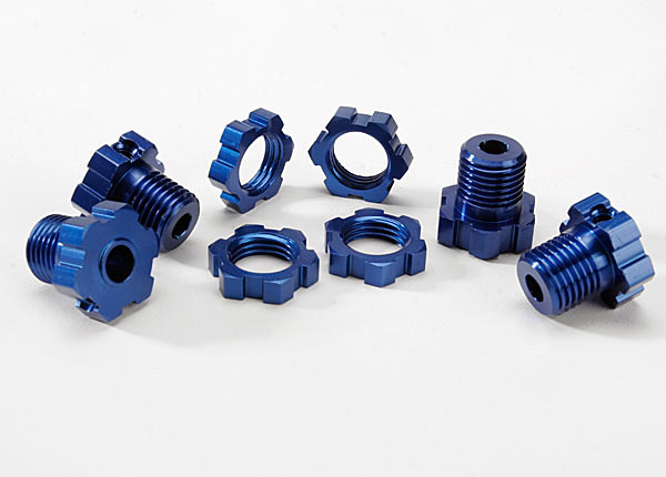 TRA5353X ensemble Traxxas de 4 moyeux de roues cannelés 17 mm en aluminium anodisé bleu avec écrous assortis et goupilles 4 x 13 mm.