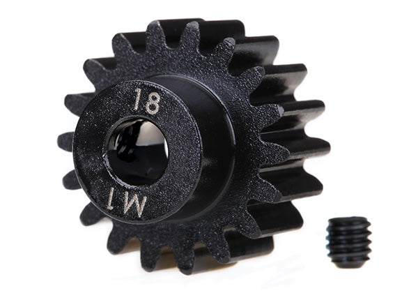 TRA6491R pignon moteur Traxxas usine 18T Mod 1.0 pour arbre de 5 mm, avec vis de fixation incluse. Concu pour utilisation avec une couronne en acier.