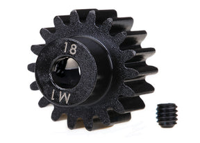 TRA6491R pignon moteur Traxxas usine 18T Mod 1.0 pour arbre de 5 mm, avec vis de fixation incluse. Concu pour utilisation avec une couronne en acier.