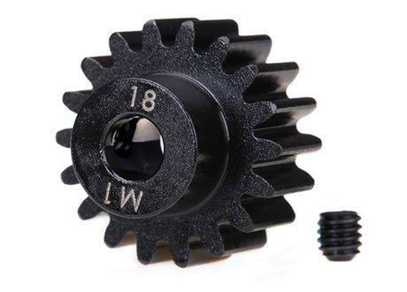 TRA6491R pignon moteur Traxxas usine 18T Mod 1.0 pour arbre de 5 mm, avec vis de fixation incluse. Concu pour utilisation avec une couronne en acier.