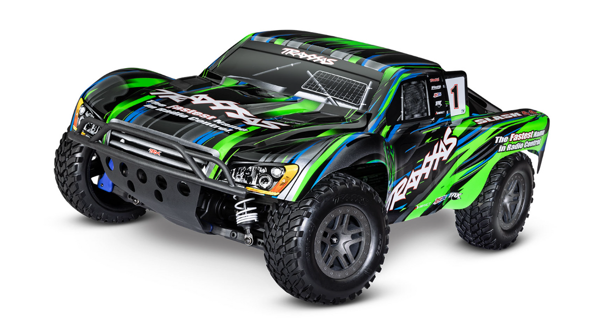 Traxxas Slash 4X4 BL-2s short course truck 1/10 électrique, édition RC waterproof, puissant et rapide, prêt-à-rouler RTR avec châssis Extreme Heavy Duty, suspension robuste, pneus tout-terrain pour piste ou terrain accidenté, moteur brushless LiPo, maniabilité et performance pour loisirs, modélisme et course RC, design stable et adhérent, camion RC radiocommandé idéal pour passionnés.