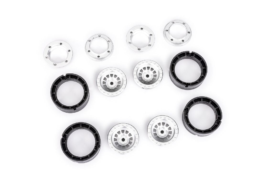TRA9881 roues beadlock Traxxas aluminium 1.0 argent pour TRX-4M offrant traction maximale et look scale sans utilisation de colle.