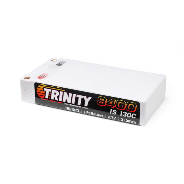 TRI-1073 batterie LiPo Trinity 3.7V 8400mAh 130C shorty avec connecteurs 5mm pour performance maximale en RC piste 1S.
